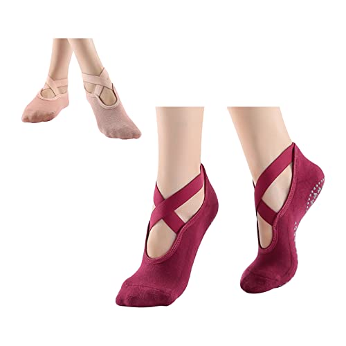 Andiker Yogasocken, 2 Paar rutschfeste Yogasocken, rutschfeste Sportsocken mit elastischen Kreuzgurten für Damen und Mädchen, ideal für Pilates Ballett Indoor Fitness Yoga Trampolin (Weinrot+Rosa) von Andiker