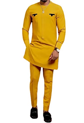 Afrikanischer Dashiki-Anzug für Herren, einfarbig, langärmelig, Hemd und Hose, 2-teiliges Set, traditionelle Tribal-Outfits, gelb, L von Andiwa