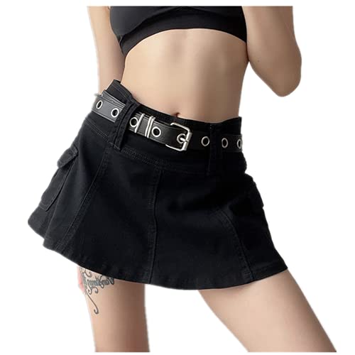 Andiwa Damen Denim Retro Mini Low Waist Jeansröcke Harajuku Gothic Punk Rock Mädchen Slim Fit Rüschen Kurze Röcke Gr. 44, Schwarz von Andiwa