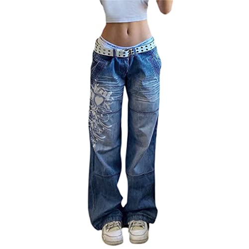 Andiwa Damen Gothic Cargo Pants Y2K Loose Low Waist Hosen Weit Leg Baggy Jeans Harajuku Streetwear, blau, S von Andiwa