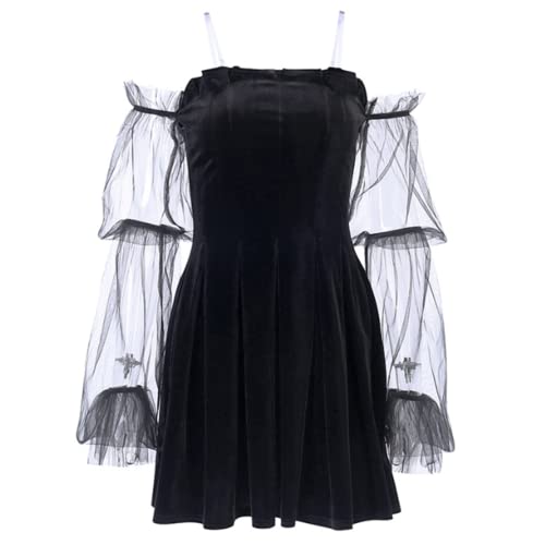 Andiwa Damen Gothic Mesh Durchsichtig Langarm Plissee Kleid Mall Goth Grunge Punk Ästhetisches Kleid Y2k Partykleid, Schwarz , X-Large von Andiwa