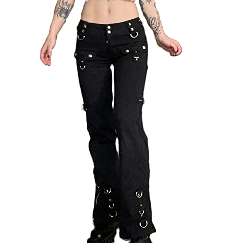 Andiwa Damen Harajuku Streetwear Y2K Cargohose Gothic Baggy Freizeithose Denim Hose, Schwarz , M von Andiwa