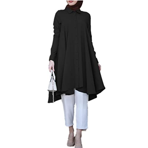Andiwa Muslimische Tunika-Shirts für Damen, elegant, unregelmäßig, lässig, langärmelig, Button-Down-Tops, islamische Kleidung, Schwarz , 4XL von Andiwa