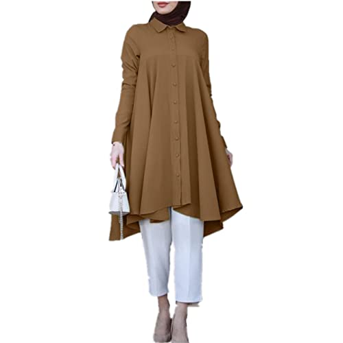 Andiwa Damen Muslim Tunika Shirts Elegant Unregelmäßige Bluse Casual Langarm Button Down Tops Islamische Kleidung, coffee, XXL von Andiwa