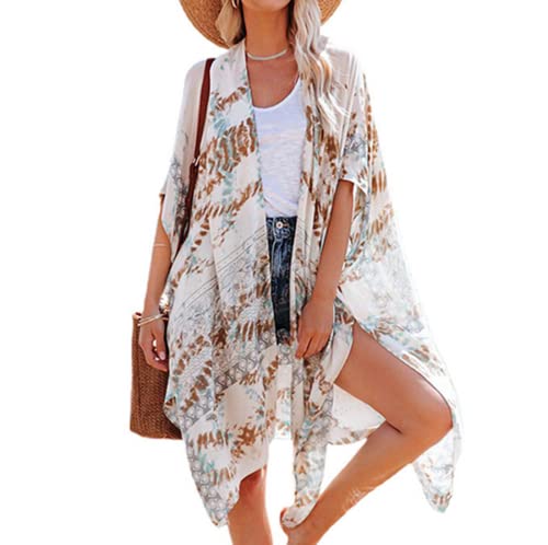 Andiwa Damen Strand Cover Up Badeanzug Kimono mit böhmischem Blumendruck Loose Casual Sommer Baden Cardigan Resort Wear, weiß, onesize von Andiwa