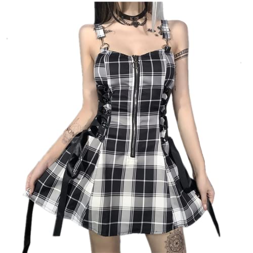 Andiwa Gothic High Waist Sexy Rückenfrei Minikleid Plaid Mall Goth Grunge Punk Schwarz Ästhetisches Kleid Y2k Partykleid, Schwarz , Small von Andiwa