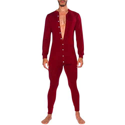 Andiwa Herren Langarm Onesie Henley Jumpsuit Einteiler Pyjama Lang Thermo Union Anzug Button Down Pyjama, rot, L von Andiwa