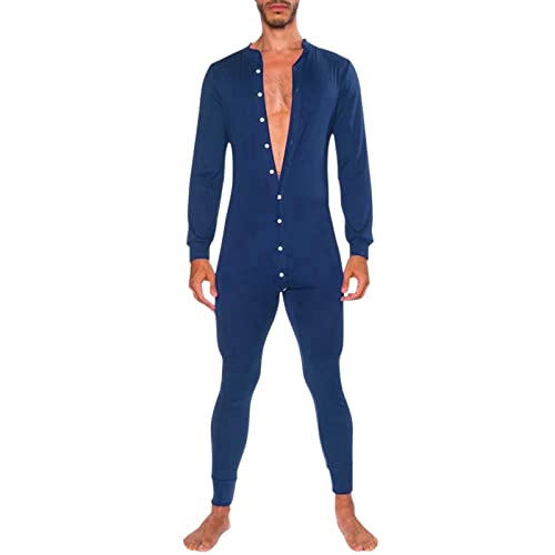Andiwa Herren Langarm Onesie Henley Jumpsuit Einteiler Pyjama Lang Thermo Union Suit Button Down Pyjama, navy, L von Andiwa