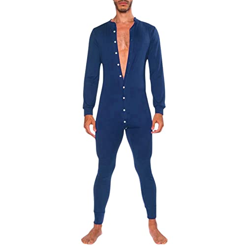 Andiwa Herren Langarm Onesie Henley Jumpsuit Einteiler Pyjama Lang Thermo Union Suit Button Down Pyjama, navy, M von Andiwa