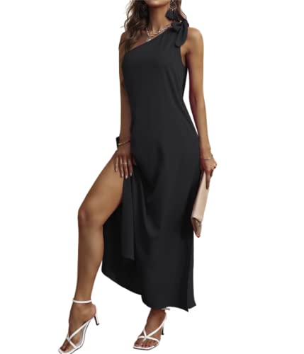 Damen One Shoulder Tie Flowy Midikleid Ärmellos Strand Cocktail Langes Chiffon Kleid mit Schlitz, Schwarz , L von Andiwa