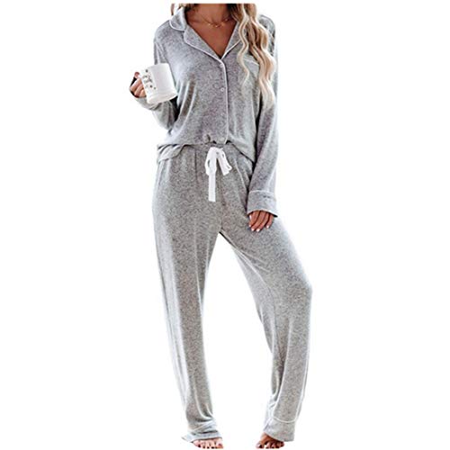 Damen-Pyjama-Set, Loungewear, Nachtwäsche, Oberteil und Hose, Baumwolle, Pyjama-Set, bequem, warm, Nachtwäsche Gr. 42, grau von Andiwa