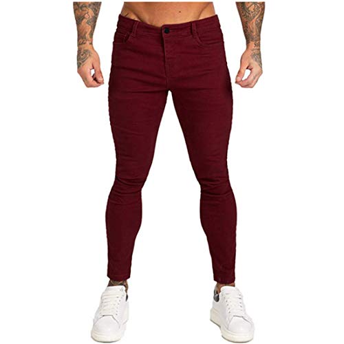 Herren Jeans Skinny Slim Fit Denim Hosen Jungen Casual Stretch Hose Einfarbig Jogger Alle Taillengrößen Gr. 31-35, weinrot von Andiwa