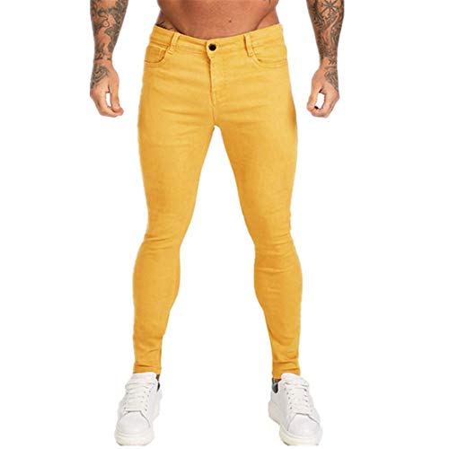 Herren Jeans Skinny Slim Fit Denim Hosen Jungen Casual Stretch Hose Einfarbig Jogger Alle Taillengrößen Gr. 36-41, gelb von Andiwa