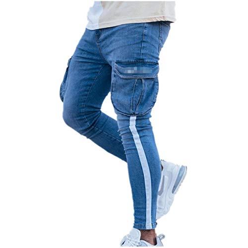 Herren Skinny Jeans Streifen Slim Fit Denim Hosen Jungen Jogger Tapered Small Ankle Stretch Freizeithose (Blau, L) von Andiwa