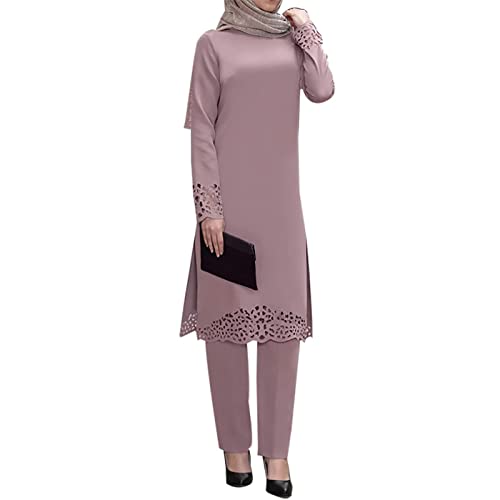 Muslimisches Kleid für Damen, elegant, langärmelig, Bademantel und Hose, Dubai Abaya, zweiteiliges Outfit, rose, 52 von Andiwa