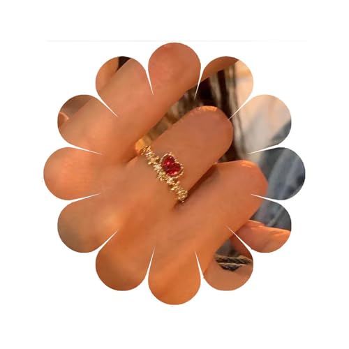 Andiyace Rubin Herz Ring Rotes Herz Knöchelring Liebe HerzStapelring Gravurring Roter Kristall HerzFinger Ring Liebe Jubiläumsring Versprechungsring Frauen Mädchen (Gold) von Andiyace