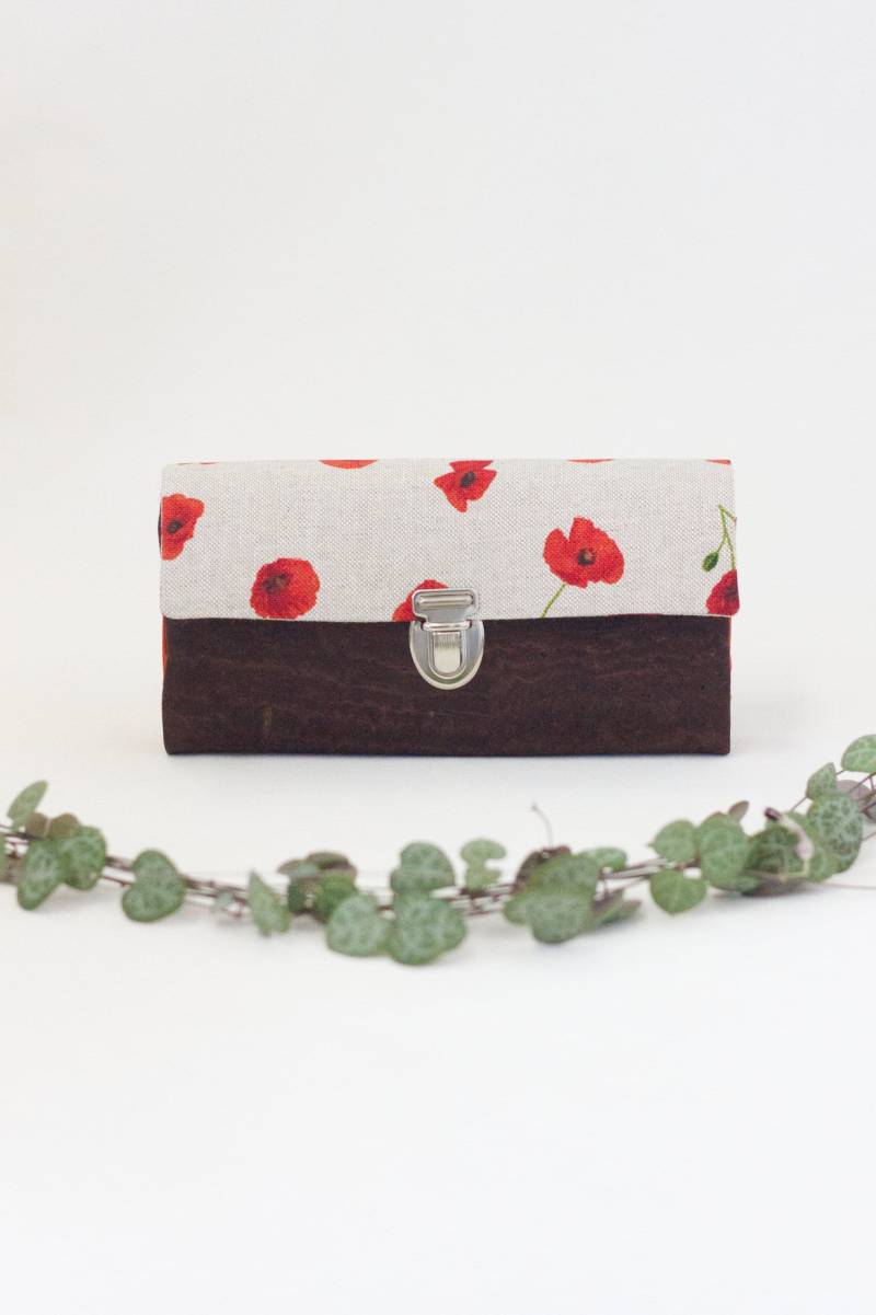 Portemonnaie Geldbörse Damen Groß Kork Vegan Blumen Klatschmohn Rot von AndnowDE