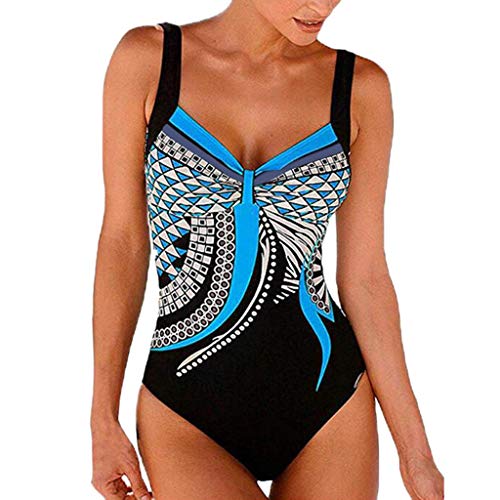 Andouy Damen Einteilige Blumen Badeanzug Monokini Rückenfrei Badeanzüge Push Up Bademode Schwimmanzug(2XL.Blau) von Andouy