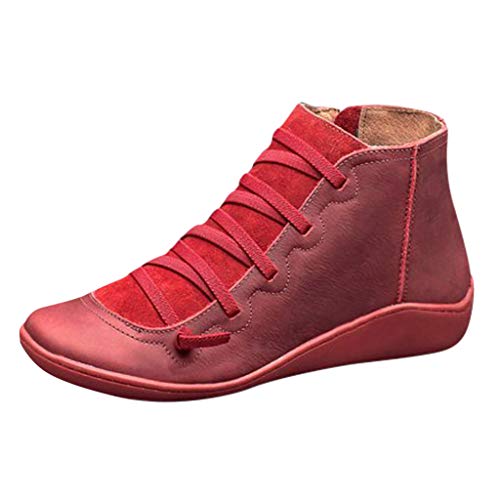 Andouy Damen Kurze Stiefeletten Casual Schnürstiefel Runder Zeh Seitlicher Reißvers Flache Stiefel(41 EU,Rot) von Andouy