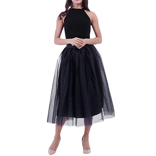 Andouy Damen Tutu Tüll Midi Rock Petticoat Mesh Plissee Dance Organza Dress-up Prinzessin Größe 36-48(36-48,Schwarz) von Andouy