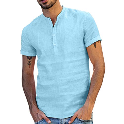 Andouy Herren Mode Baumwolle Leinen Hemden Retro Knopf Bluse Lässige Lose Kurzarm Henley T-Shirts(XL.Hellblau) von Andouy