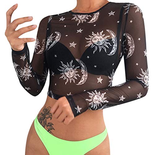 Andouy Mesh Crop Tops/Shirt Damen Durchsichtiger transparenter Druck/Spitze Sexy Party Club-Bluse, viele Styles(36.Schwarz-Sonne) von Andouy