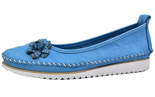 Andrea Conti Damen Ballerina bequem Leder Blume Applikation 0023645, Größe:38 EU, Farbe:Blau von Andrea Conti