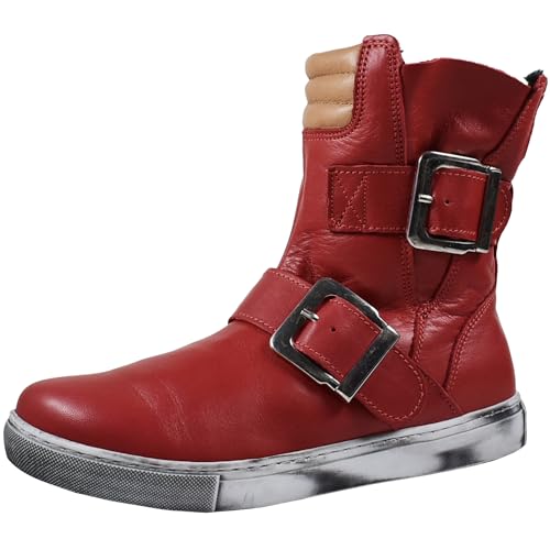 Andrea Conti Damen Stiefelette flach Biker Boot aus Leder mit Schnallen 0344630, Größe:39 EU, Farbe:Rot von Andrea Conti