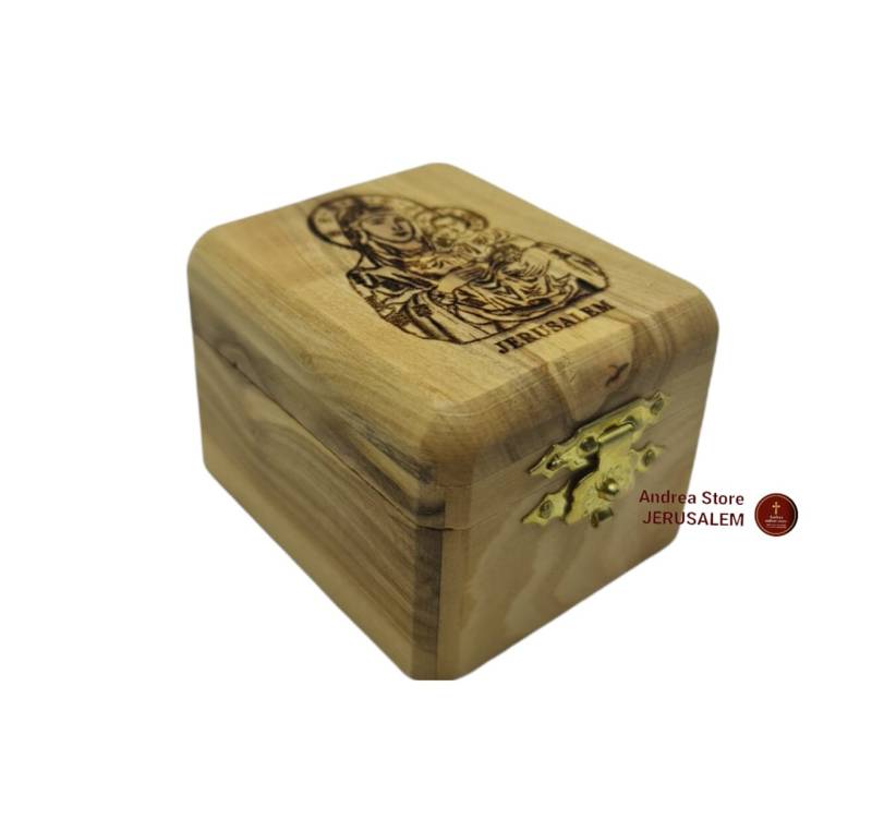 Rosenkranz Olivenholz Box Größe 5 7 cm Handgemacht Im Heiligen Land Schönes Geschenk Handgeschnitzte Jungfrau Maria Von Jerusalem Vorne Offen von AndreaStoreJerusalem