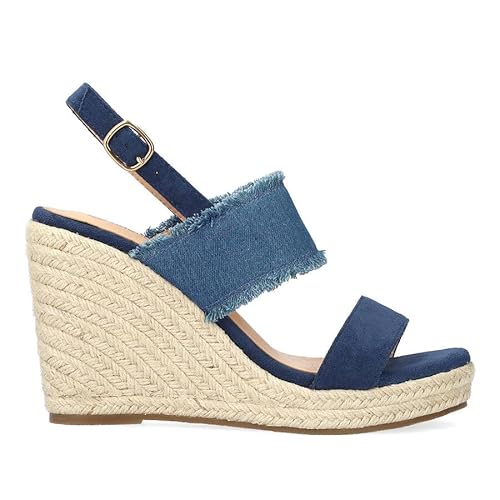 Andrés Machado – Damen Keilsandalen aus Synthetikveloursleder mit Jute Plateau und hohem Keilabsatz – AM6044 – Sommer Schuhe in Untergrößen – Blau – Größe EU 34 von Andrés Machado