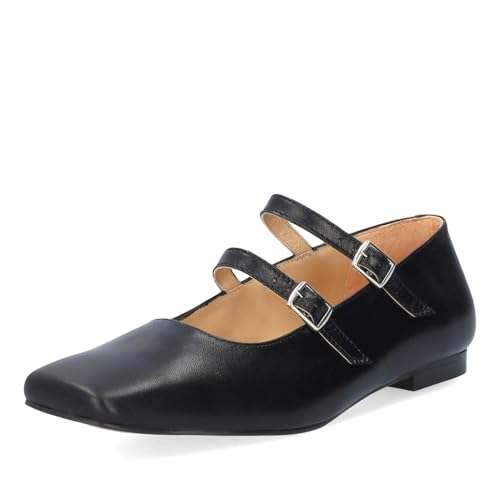 Andrés Machado - Damenballerinas Mary Jane aus Echtleder schwarz - Modell IVETTENEGRO - Quadratische Spitze mit elastischen Riemchen & Metallschnalle - Made in Spain - Schwarz Größe EU 33 von Andrés Machado