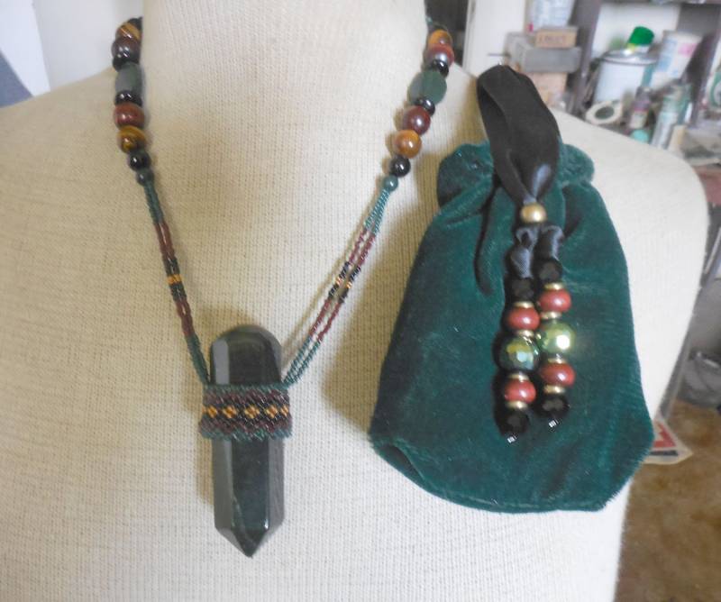 Moos Achat Stein Point Massage Zauberstab Perlen Halskette Mit Blutstein Tigerauge Onyx Jaspis Edelstein Wicca Magick Kristall Heilung von AndromedaEnterprises