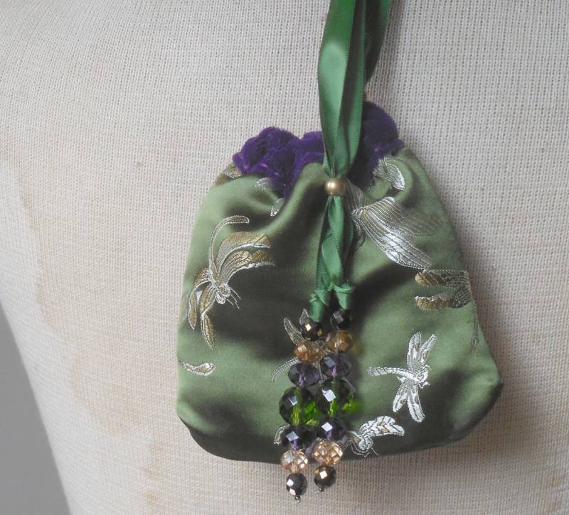 Wende Royal Lila Samt Olivgrün Libelle Brokat Tasche 15, 5 X 10, 5 cm. | 5 5/8" 4 5/8" Elegantes Chices Geldbeutel Runen Beutel von AndromedaEnterprises