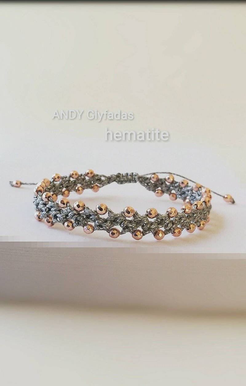 Armschmuck, Gewachste Schnur Rose Gold Hämatit, Semi-Precious Stones, Moderne Armband Hämatit Armband, Ηand, Gefädelt von AndyGlyfada