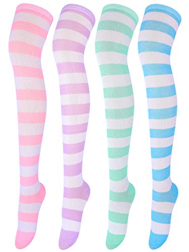 Aneco 4 Paar Overknee-Socken für Halloween, Cosplay, Kostüm, gestreiftes Kostüm, Zubehör, gestreifte Kniestrümpfe für Erwachsene und Damen, Verschiedene Regenbogenfarben, One size von Aneco