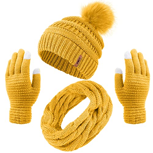 Aneco Damen Winter Warme Sets Strickpelz Pompom Beanie Hut Kreis Loop Schal Touchscreen Handschuhe Winter Gunst Zubehör von Aneco