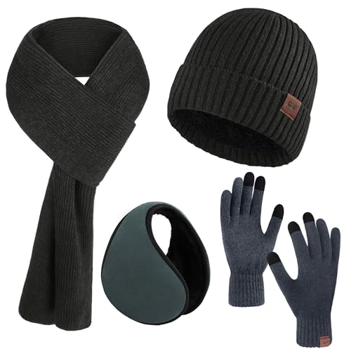 Aneco Wintermützen-Set für Herren, 4-teilig, Strickhandschuh, Schal, Beanie-Mütze, Ohrenschützer-Set für Männer und Frauen, dunkelgrau, M von Aneco