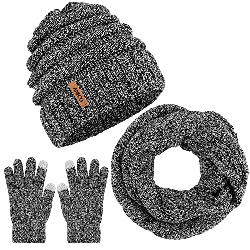 Aneco Winter-Strickschal, Mütze und Handschuhe, Set für Herren und Damen, warm, weich, dehnbar, Black+white, Medium von Aneco