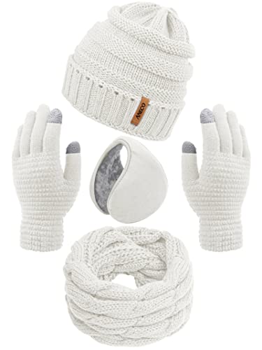 Aneco Winter Warm Sets Strickschal Beanie Mütze Touchscreen Handschuhe und Winter Ohrwärmer für Männer oder Frauen, Weiß, Einheitsgröße von Aneco