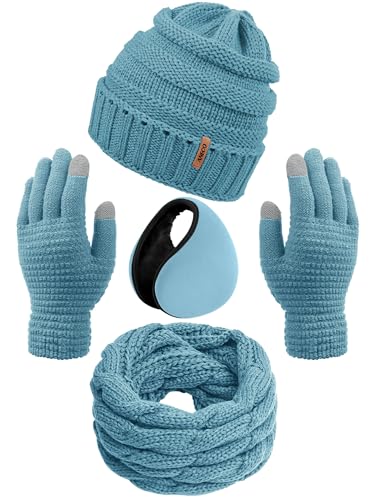 Aneco Winter Warm Sets Strickschal Beanie Mütze Touchscreen Handschuhe und Winter Ohrwärmer für Männer oder Frauen, pastellblau, Einheitsgröße von Aneco