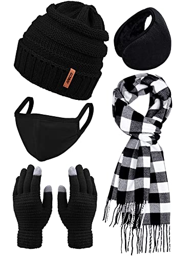 Aneco Winter Warme Sets Buffalo Plaid Schal Strickmütze Handschuhe Earloop Warm Cover für Damen und Herren, Schwarz , 85 von Aneco