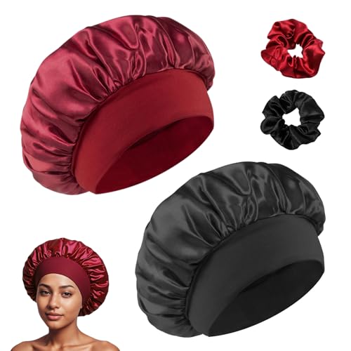Anei 2 Stück Schlafhaube Seide, Verstellbares Schlafmütze aus Satin, Große Silk Bonnet Haarhaube Haarkappe für Männer Frauen Die Nacht Haarschutz （Schwarz + Burgunderrot） von Anei