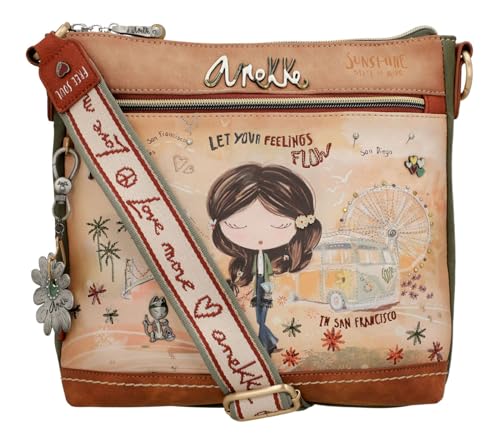 Anekke | Damen Umhängetasche Kollektion Peace & Love | Crossbody Bag mit breitem Schultergurt bequem und originell inspiriert Sixties | Farbe Camel, braun, 27 x 25 x 8 cm von Anekke