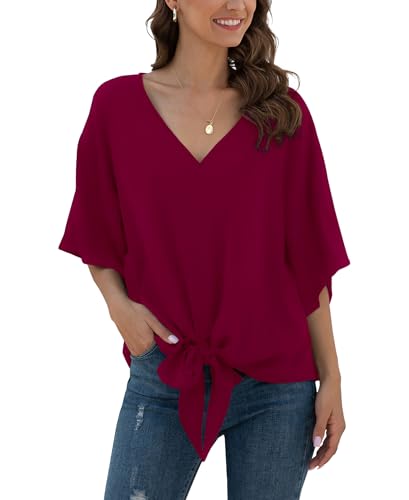 Anelune Bluse Damen Sommer Chiffon Tunika Tops Kurzarm Elegant Oberteile V-Ausschnitt Loose Casual Tie Front Trompetenärmel T Shirts S-2XL Rot M von Anelune
