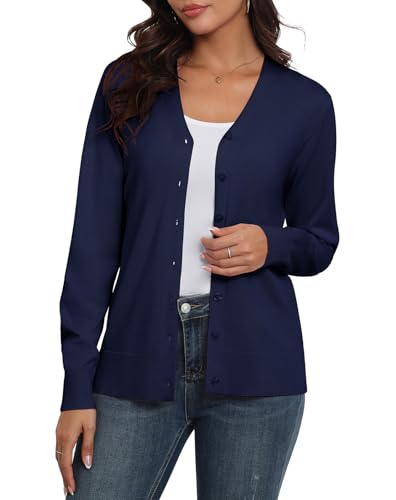 Anelune Damen Cardigan Sommer Strickjacke mit V-Ausschnitt Marineblau XL von Anelune