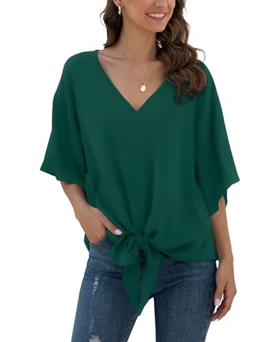 Anelune Damen Chiffon Blusen mit V-Ausschnitt und Bindung vorne Fledermausärmel Kurzarm Sommerliche Oberteile und Hemden Dunkelgrün XL von Anelune