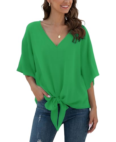 Anelune Damen Chiffon Blusen mit V-Ausschnitt und Bindung vorne Fledermausärmel Kurzarm Sommerliche Oberteile und Hemden Hellgrün S von Anelune