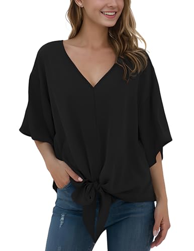 Anelune Damen Chiffon Blusen mit V-Ausschnitt und Bindung vorne Fledermausärmel Kurzarm Sommerliche Oberteile und Hemden Schwarz XL von Anelune