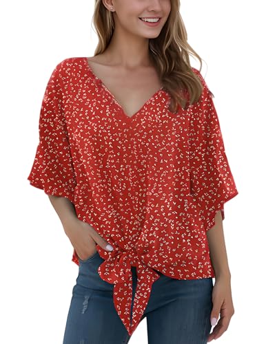 Anelune Damen Chiffon Blusen mit V-Ausschnitt und Bindung vorne Fledermausärmel Kurzarm Sommerliche Oberteile und Hemden Blumen Rot M von Anelune
