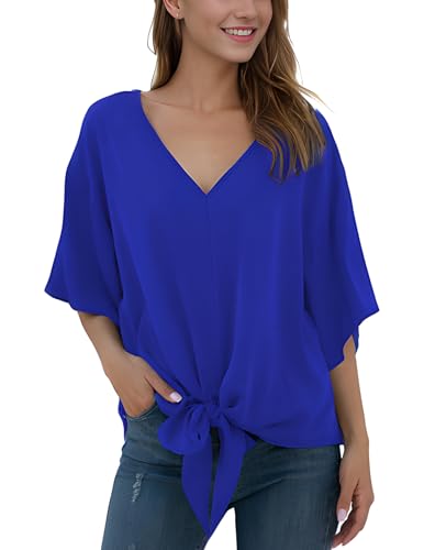 Anelune Damen Chiffon Blusen mit V-Ausschnitt und Bindung vorne Fledermausärmel Kurzarm Sommerliche Oberteile und Hemden Königsblau L von Anelune